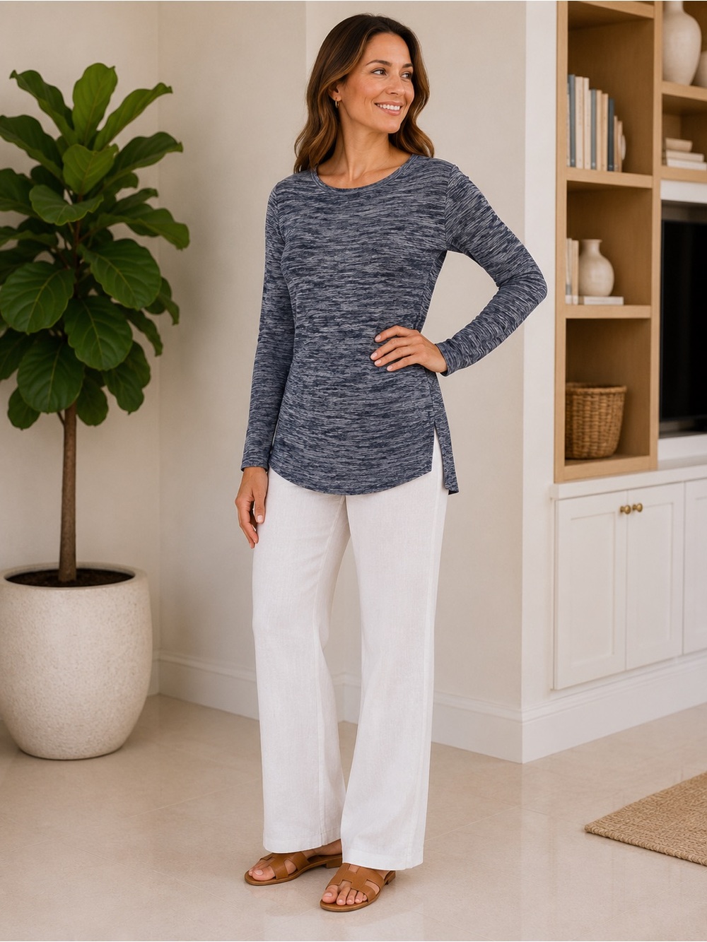 Ellen Tracy Women’s Long-Sleeve Heathered Knit Top - Navy size small